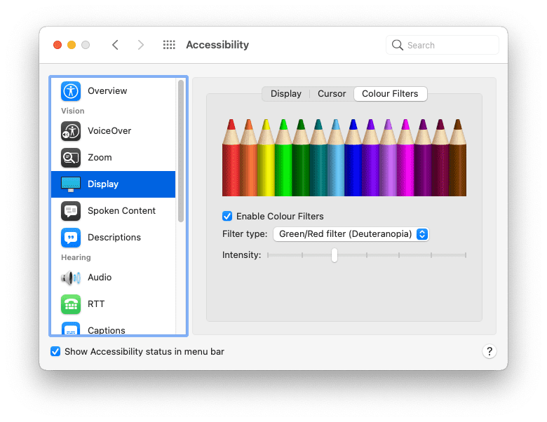 Opzioni di filtro colore nelle preferenze di sistema.