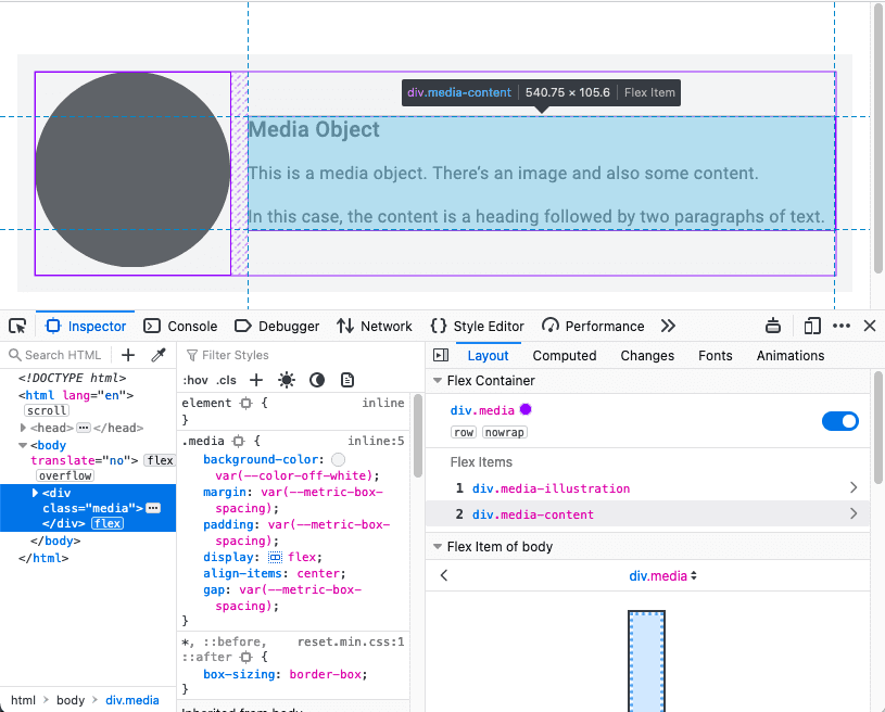 כלי פיתוח ב-Firefox שמציגים שכבת-על של flexbox.