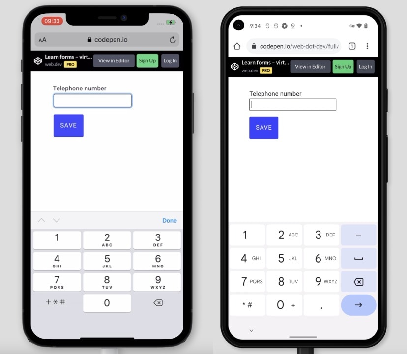 Dwa zrzuty ekranu elementu wejściowego o identyfikatorze type='tel' w iOS i Androidzie, pokazując, jak atrybut typ zmienia klawiaturę ekranową.