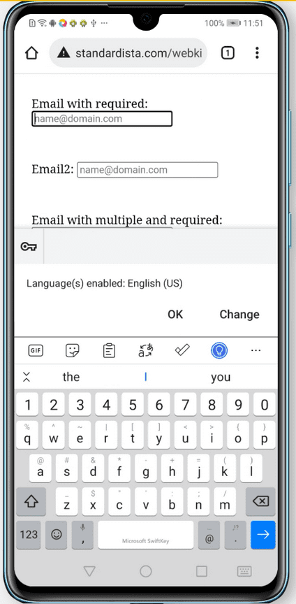 Clavier Android affichant le type de saisie "type=email".