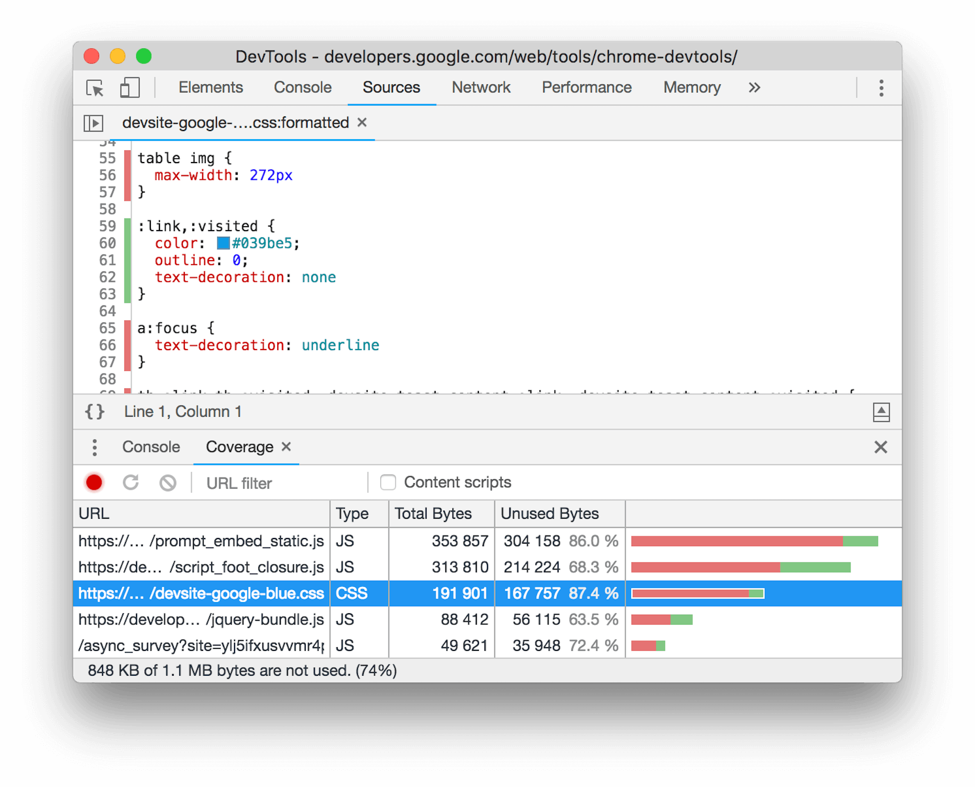 Ein Screenshot des Tools „Abdeckung“ in den Chrome-Entwicklertools. Im unteren Bereich ist eine CSS-Datei ausgewählt, die eine beträchtliche Menge an CSS enthält, die vom aktuellen Seitenlayout nicht verwendet wird.