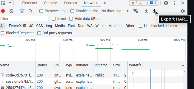 O painel de rede do Chrome DevTools com o símbolo "Download HAR" destacado.