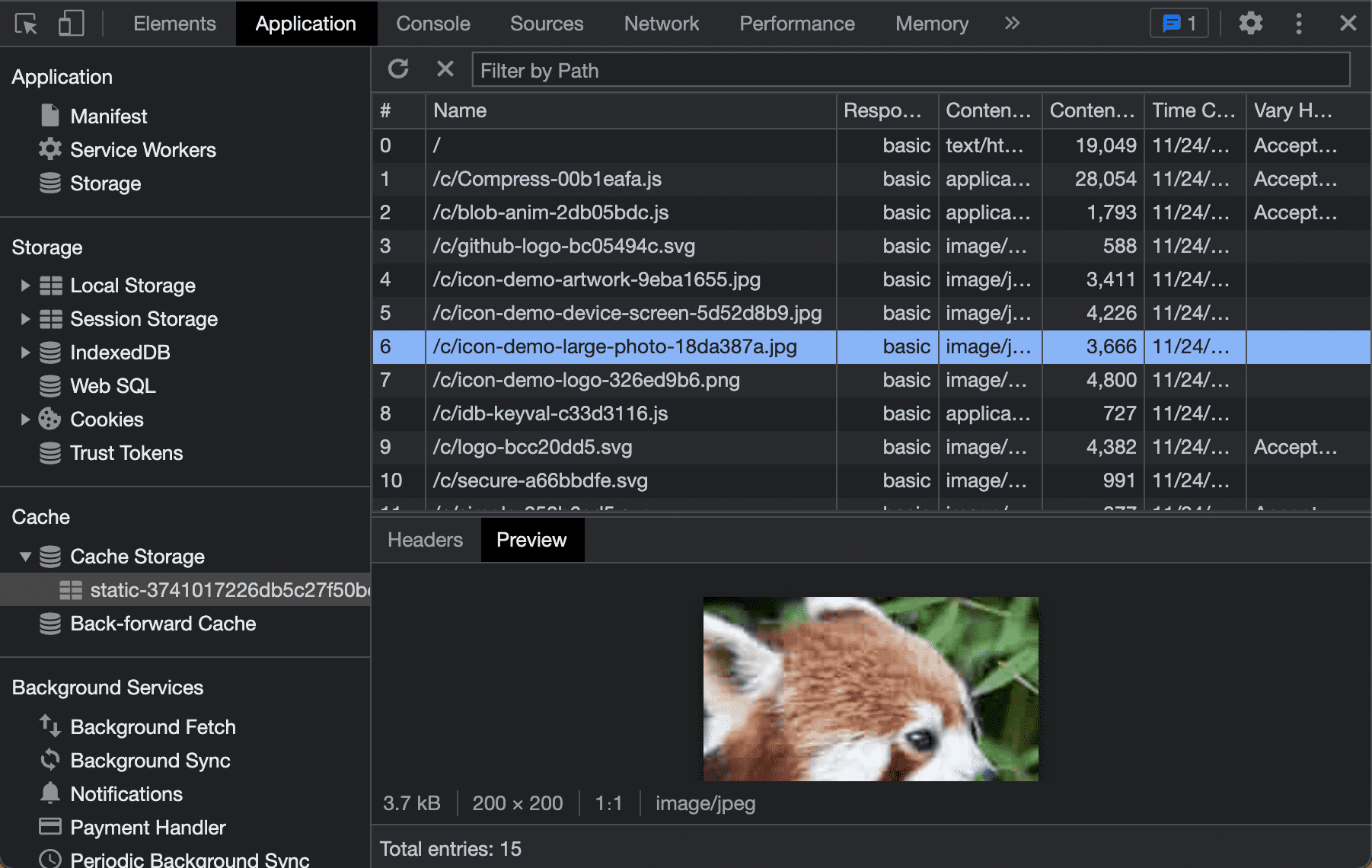 ניפוי באגים בתוכן של Cache Storage בכלי הפיתוח ל-Chrome.