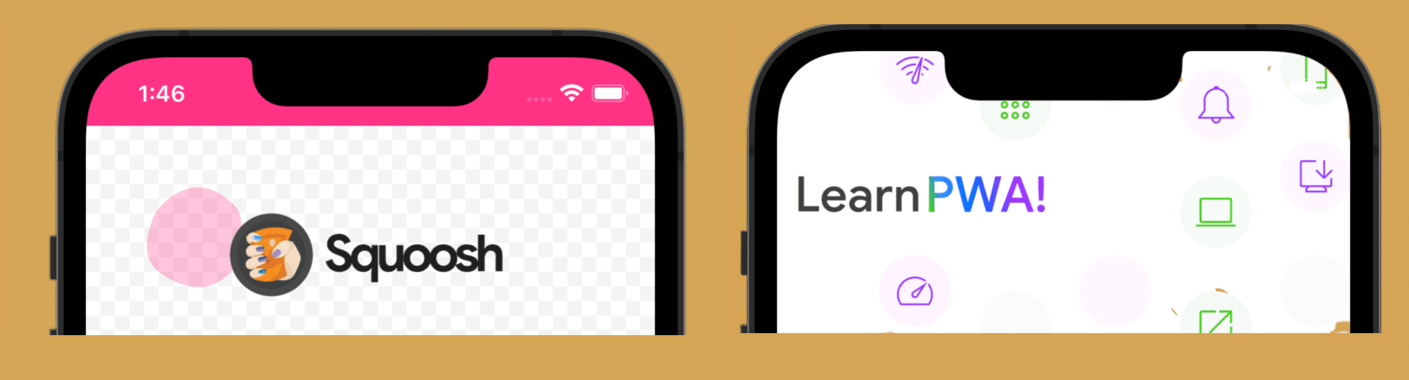 スタンドアロンのデフォルトの動作（左）と全画面表示の iOS 画面（右）