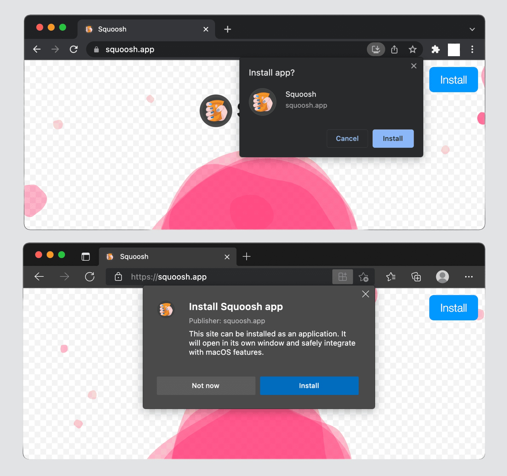 Chrome و Edge روی دسکتاپ با نشان نصب در نوار URL