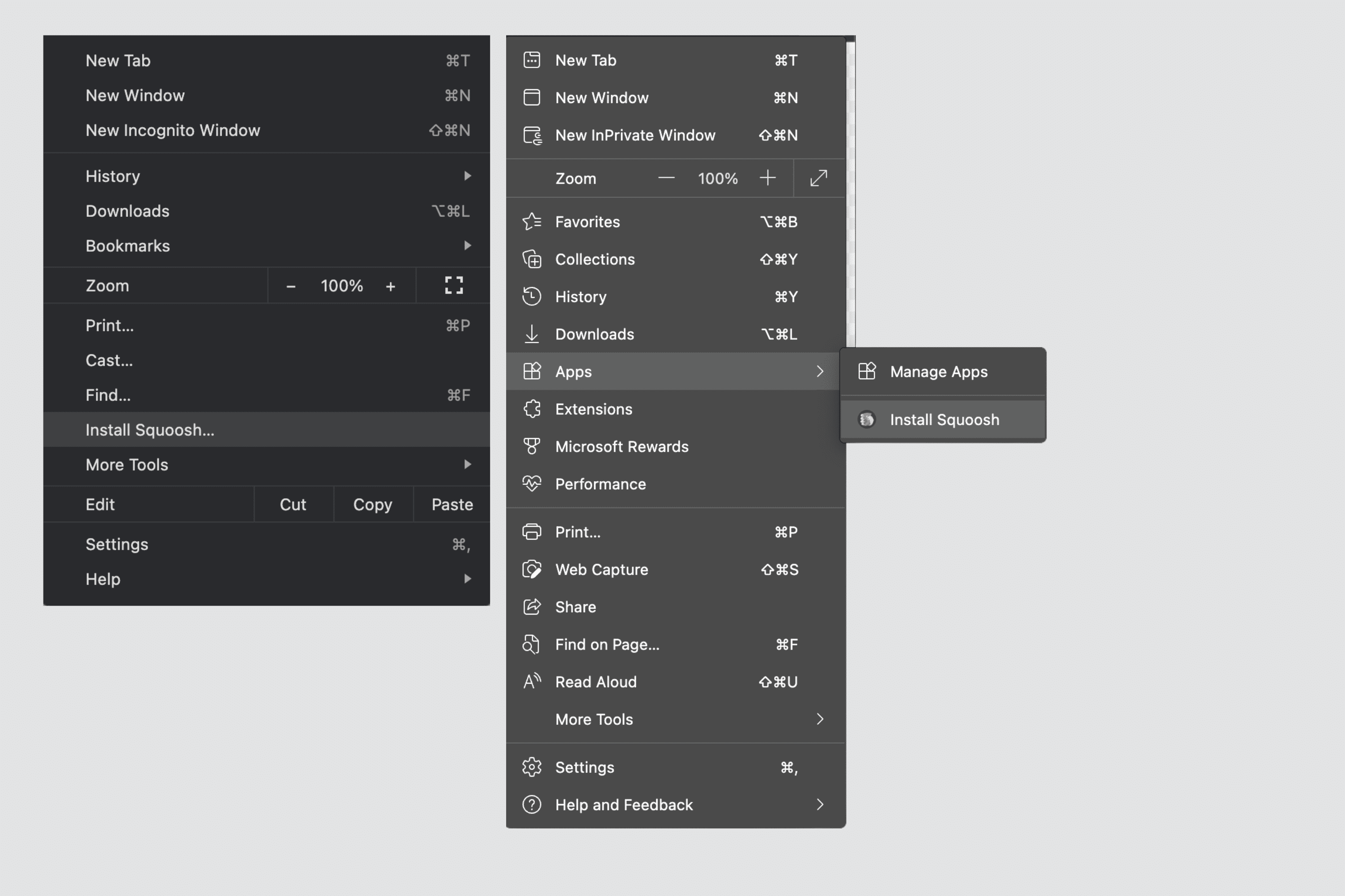 Voci di menu Chrome ed Edge per l'installazione della PWA.