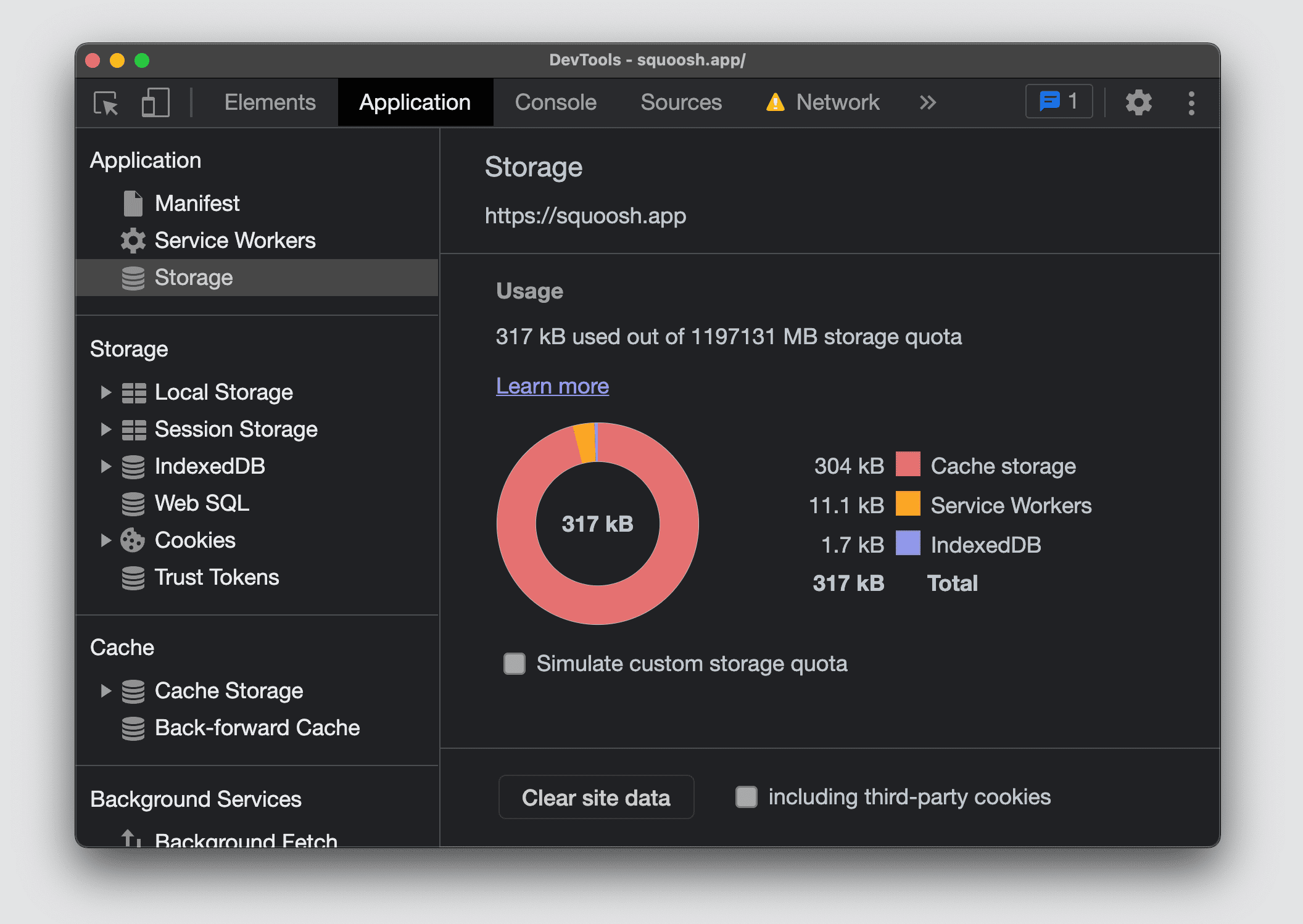 Chrome DevTools nella sezione Application, Clear Storage