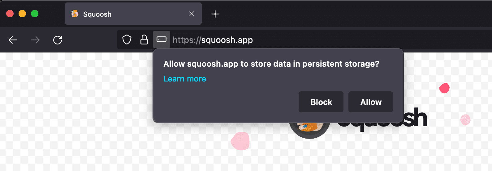 הדפדפן Mozilla Firefox מבקש מהמשתמש הרשאה לאחסון נתונים.