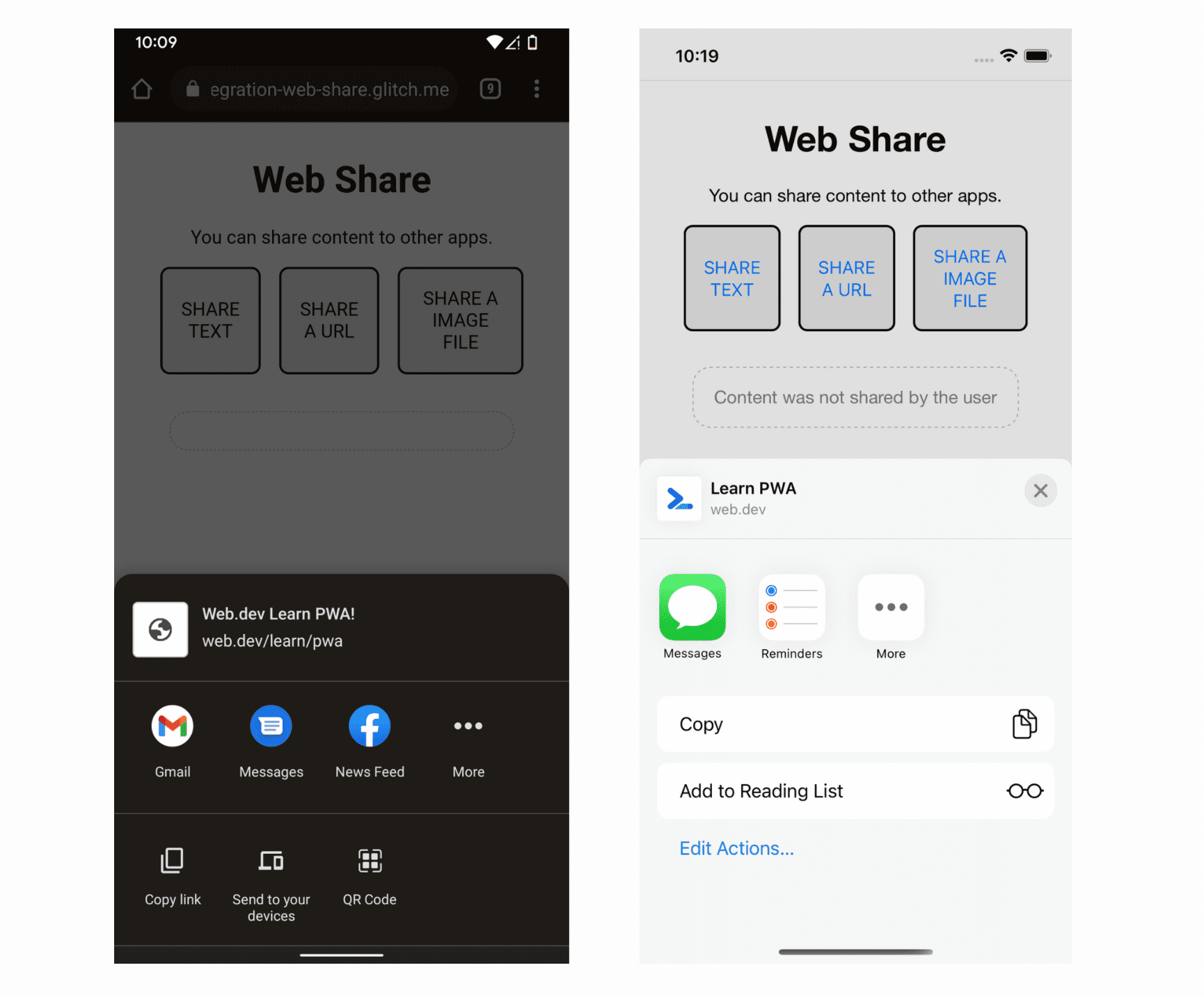 Chrome trên Android và Safari trên iOS mở Bảng chia sẻ nhờ Web Share.