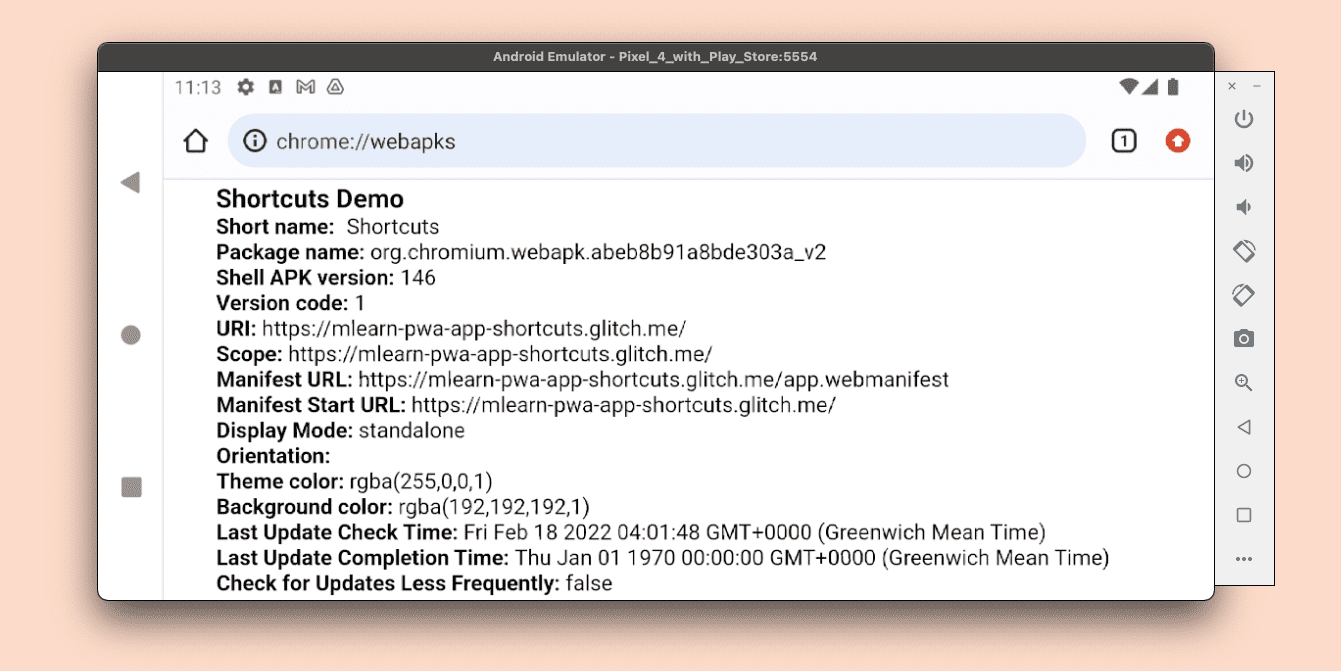Écran de débogage de l'APK Web Google Chrome sur Android