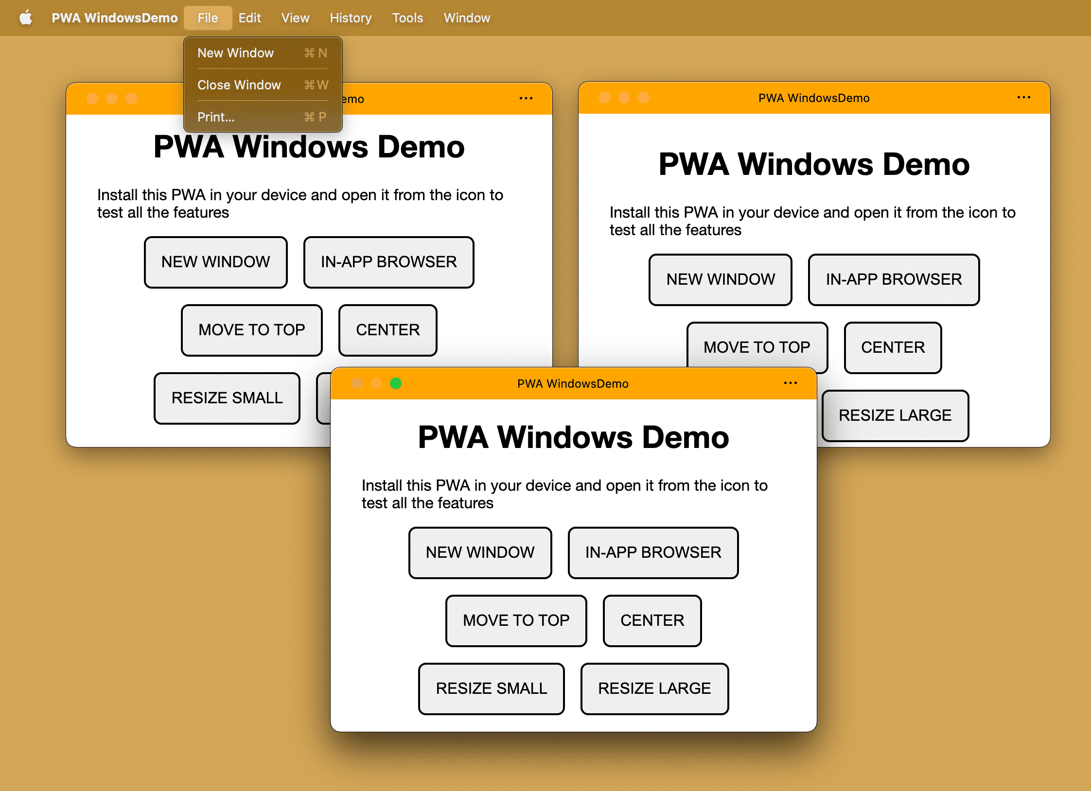 Ta sama zainstalowana aplikacja PWA z kilkoma otwartymi oknami w systemie operacyjnym na komputerze.